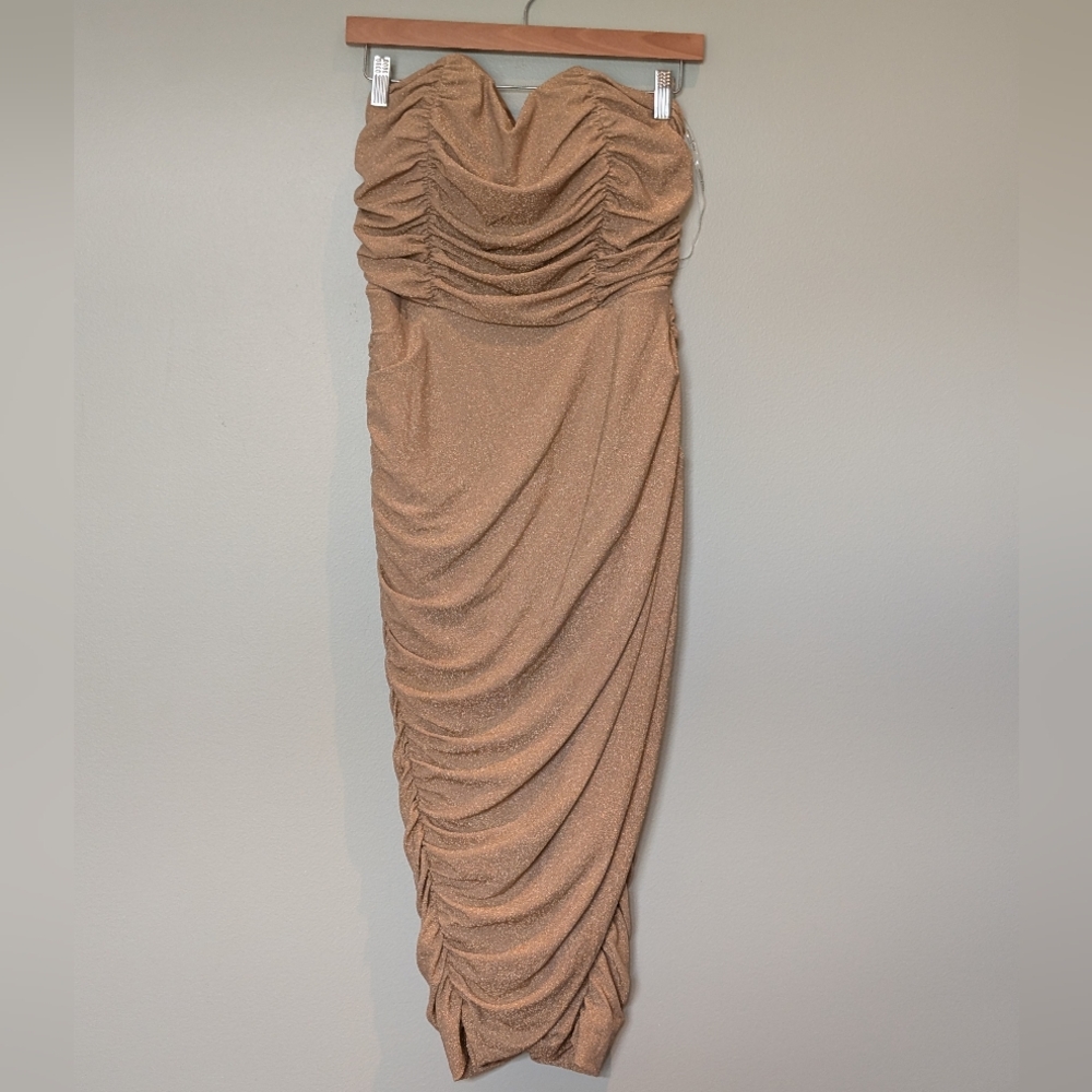 New! Rare London Drape Wrap Strapless Midi Pencil Dress in Gold Glitter - Picture 3 of 9